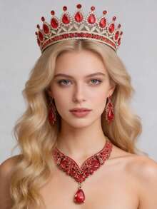 4pcs Luxurious & Elegant Rhinestone Queen Crystal Necklace, Earrings, Crown Bridal Wedding Headpiece Set For Women, Party & Gala - Multicolor - View 3