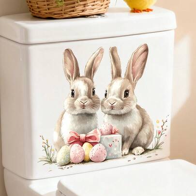 1/2pcs Rabbit-Patterned Toilet Seat Stickers, Featuring A Couple Holding A Heart, Made Of Waterproof PVC Material With A Self-Adhesive Design. Perfect For Bathroom And Toilet Seat Decoration, And An Ideal Easter Gift.