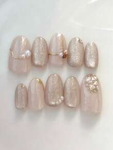 10片手工制作的长椭圆形猫眼香槟色美甲贴纸，金色镶边，珍珠点缀，可重复使用，适合女孩或女士在节日或特殊场合使用。手工制作的按压式美甲贴片。 - 香檳色 - 查看 1