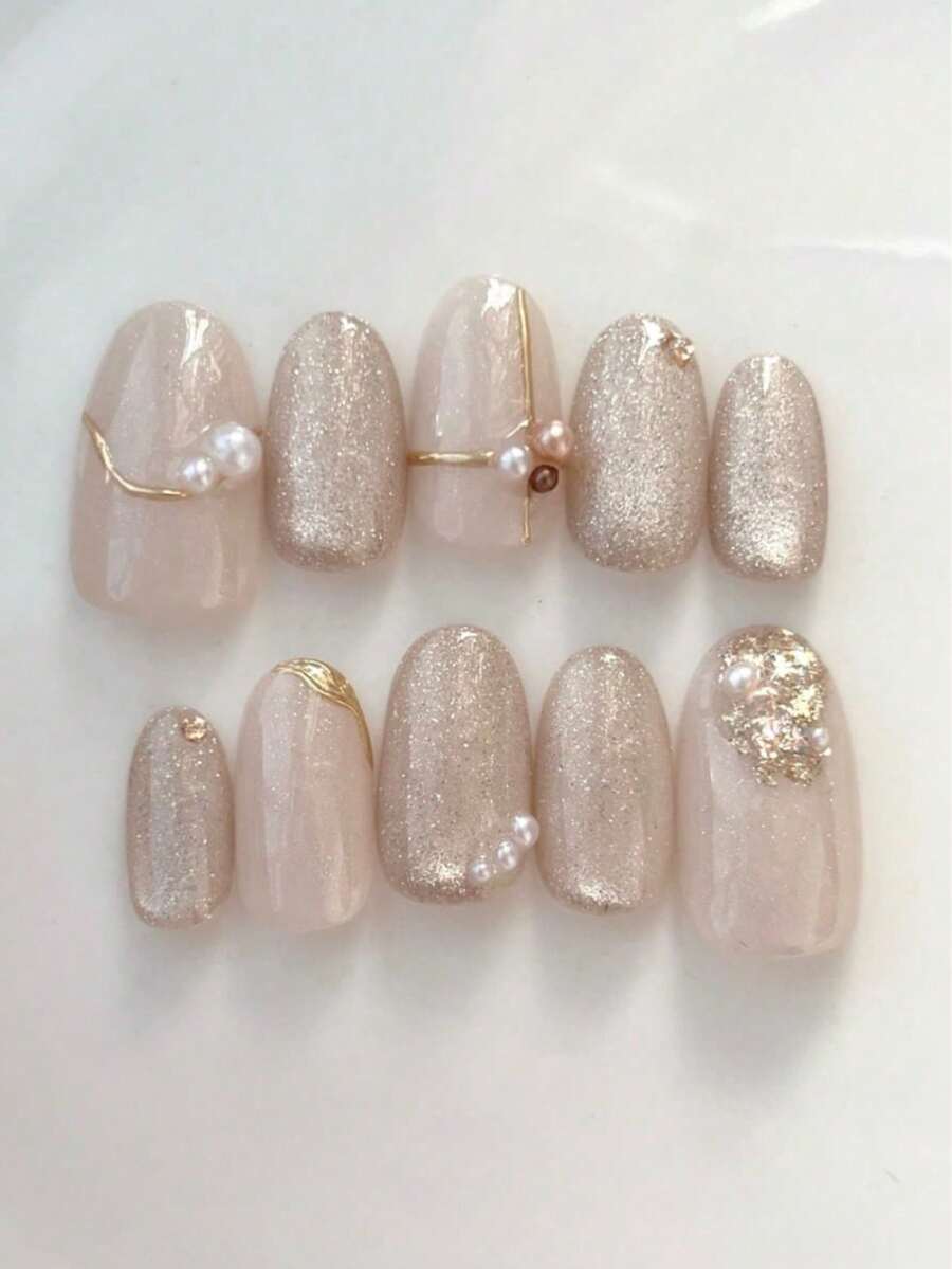 10片手工制作的长椭圆形猫眼香槟色美甲贴纸，金色镶边，珍珠点缀，可重复使用，适合女孩或女士在节日或特殊场合使用。手工制作的按压式美甲贴片。 - 香檳色 - 查看 1