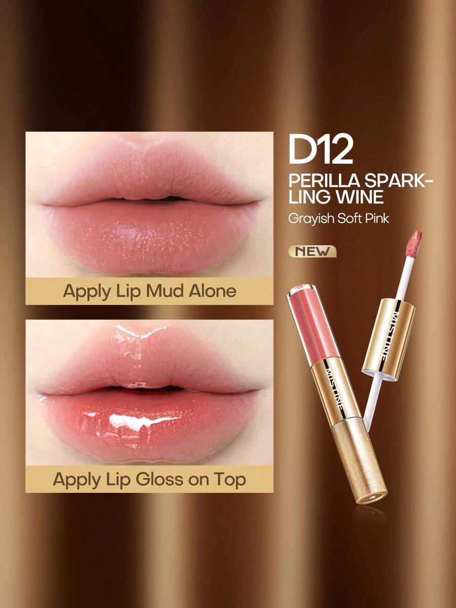 Mistine Tipsy-Lock Lip Duo D12 Batom Matte Hidratante Brilho Espelhado Gloss Labial Barro Matte Batom Cor Nude Não Transferível de Longa Duração - D12 - Visão 1