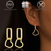1 par de pendientes con colgante de corazón geométrico minimalista reversible de plata de ley 925, adecuado para uso casual, viajes, días festivos, cumpleaños, regalo del Día de San Valentín - Dorado - Ver 3