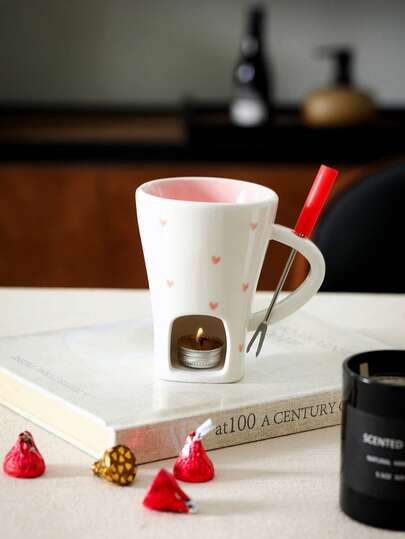 Réchaud à chocolat en céramique en forme de cœur avec cerises, set de fondue à fromage pour la maison et la cuisine avec pot à crème glacée et fourchettes