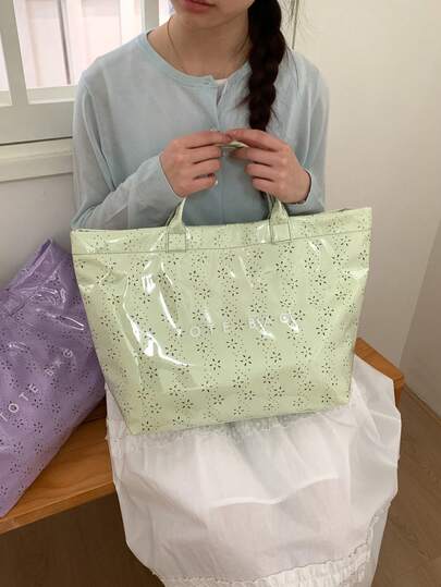 1个绿色大容量手提包，镂空花卉字母图案休闲简约手提包，适合女性海滩、购物、日常使用