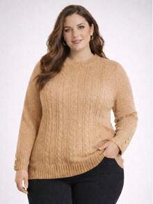 Blusa Feminina Plus Size em tricot com Tranças e Botões Decorativos  Casual    Tricô de malha    Ponto em cabo  Malhado  Botão    Feminino  Diário  Noite  Escritório  Escola    Inverno - Bege - Visão 2