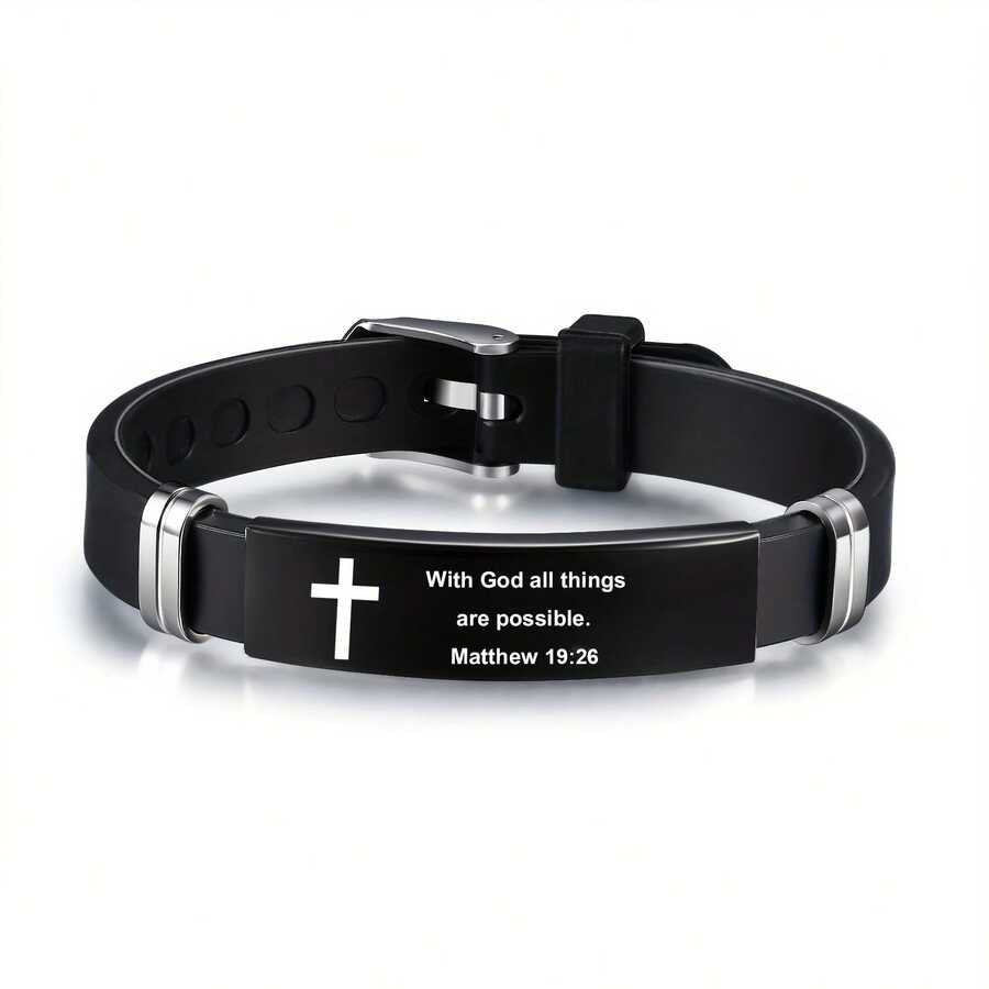 304 304 Stainless Steel Bible Bracelet With An Adjustable Black Strap, Featuring Phrase 'With God All Things Are Possible.'Matthew 19:26, A Stylish And Minimalist Men'S Bracelet QYRW