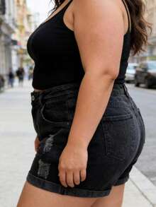 Kissmelady 8233 Plus Size Women's Denim Shorts With Pocket, Black Marble Gray Women's Bermuda Shorts 8233 Plus Size - 黑色 - 查看 2