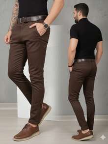 Men's Smart Casual Trousers In Premium Satin Fabric With Tailored Detail And Welt Pockets - 鏽棕色 - 查看 5