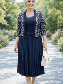 Dress Set With Cardigan, Printed And Plain, Party Outfit For Ladies, Conferences, Plus Size. - 藍色 - 查看 2