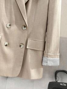 Women's High-Quality Dual-Color Faux Linen Fabric Double-Breasted Striped Lining Long Sleeve Blazer Jacket, Commuting & Casual, Spring/Autumn - Khaki - View 5