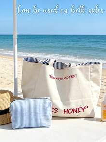 两件套双面“YES HONEY”帆布手提袋及条纹收纳袋，双面大容量沙滩包，配有同款化妆包，非常适合收纳沙滩巾、防晒霜、化妆品、手机、钱包及日常必需品，是海滩旅行、夏季度假、野餐、购物、旅游及送礼的理想之选。多功能用途，可用作沙滩包、可重复使用的手提袋、化妆品收纳包及夏季主题礼品，时尚实用，方便携带。 - 彩色 - 查看 2