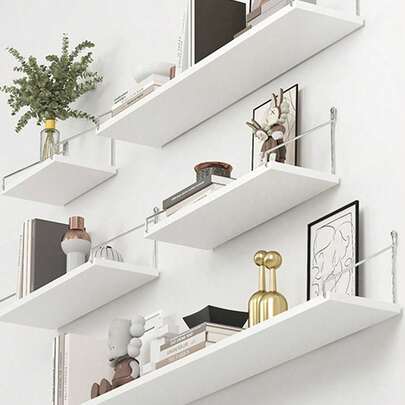 Bộ 3 kệ treo tường không cần khoan kèm móc - Kệ gỗ hiện đại để đựng sách, đồ dùng nhà bếp và phòng khách - 3 kích cỡ (lớn, vừa, nhỏ) Trang trí tối giản hiện đại trưng bày sách