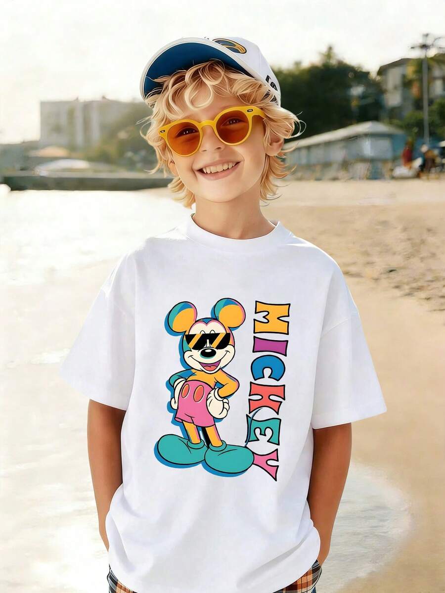 1pc Disney Mickey Mouse Vibrant Pop-Art Print Tween Boys Cool T-Shirt, Soft & Breathable, Ideal For Daily Wear & Outdoor Activities - 白色 - 查看 1