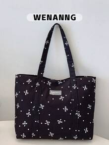 1 pièce Sac fourre-tout décontracté et mignon pour femmes avec décoration de nœud, sac à main léger avec fermeture magnétique et décoration d'étiquette, convient pour les femmes/filles/étudiantes, pour un usage quotidien, les vacances, les voyages, l'école - Noir - Voir 12