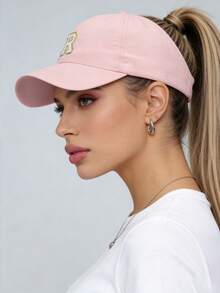 1pc Solid Color Open Back Ponytail Baseball Cap With 26 Letters, Women Fashion Sports Sun Hat For Outdoor UV Protection - Pink - View 3