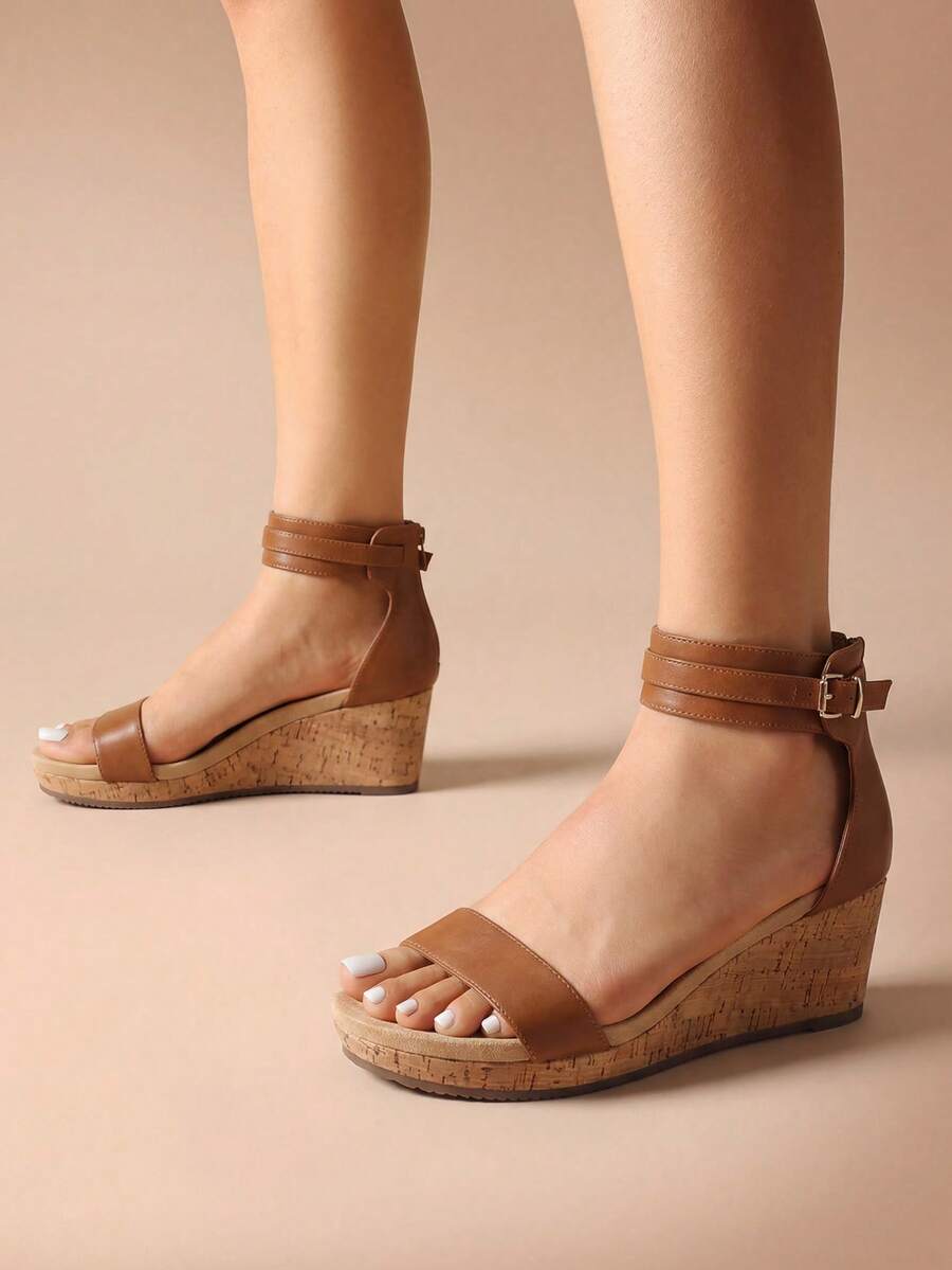Women's Platform Wedge Sandals Open Toe Comfort Buckle Ankle Strap For Vacation Commuting Shopping Summer Shoes - Camel - View 1