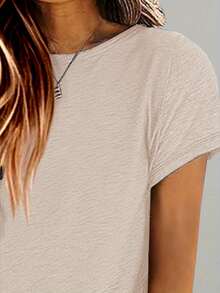 Tropical Sunset And Hibiscus Flower Print Women's Blend T-Shirt - Suitable For Vacation Wear, Casual Summer Beach Style, Fashionable Graphic Blend T-Shirt - 杏色 - 查看 3