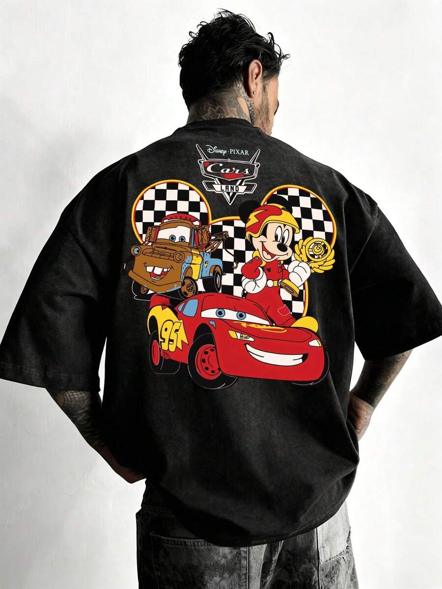 Disney-Disney Pixar Collaboration Pure Cotton Short Sleeved T-Shirt Men's Summer Loose Plus Size Top Racing Mobilization Mickey Lightning McQueen Board Teeth Cartoon Print Casual Half Sleeved Parent-Child Outfit - 黑色 - 查看 1
