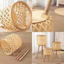 1 pieza Cesta de flores tejida estilo nórdico Ins para decoración de sala de estar, maceta de ratán, soporte de flores de balcón, cesta de mimbre - Beis - Ver 3