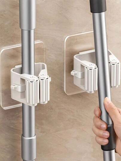 1/3/6pcs No Drill Hole Adhesive Mop Holder, Wall Mounted Mop Clip, Strong Sticky Mop Hanger, Multi-Function Mop Rack, Waterproof Mop & Broom Storage Hook, Bathroom Tool Organizer Rack