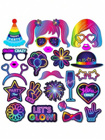 25pcs Luminous Theme Birthday Party Photo Props, Single-Person Party Photo Decoration Supplies, Celebration Party Decorations, Birthday Party Essential | Vibrant Party Accessories | Paper Party Props, Ceiling Star Neon Light Decor For Birthday Party