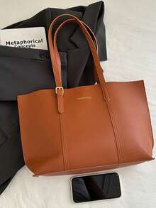 2pcs Women's Solid Color Embroidered Thread Fashion Large Capacity Shoulder Tote Bag With Snap Closure - Brown - View 3