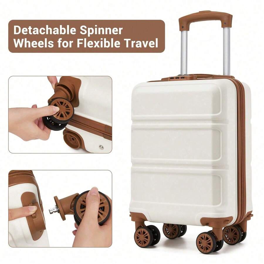 15-Inch Cabin Suitcase (40x30x20 Cm) Under-Seat Luggage, ABS/PC Hard Shell Trolley With 4 Removable 360° Swivel Wheels And 3-Digit Lock, Lightweight Small Travel Trolley For Christmas Holidays, New Year's Holidays, Solo Travel, Weekend City Breaks, Business Trips, Unisex For Women And Men - 米色 + 棕色 - 查看 1