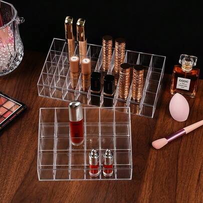 1pc Acrylic Makeup Organizer Stand, Easily Stores Lipstick, Lip Gloss, Nail Polish, Makeup Brushes, Eyebrow Pencils And Other Beauty Tools, Keeps Desk Tidy And All Cosmetics Visible, Small Size Nail Polish And Lipstick Holder, Transparent Makeup Desktop Storage Box, Transparent PET Lipstick And Nail Polish Multi-Grid Storage Box