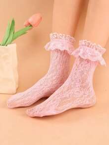 1双女士蕾丝中筒袜，大蕾丝边，可爱弹力镂空网眼长袜，洛丽塔风格可爱蕾丝袜 - 粉色 - 查看 3