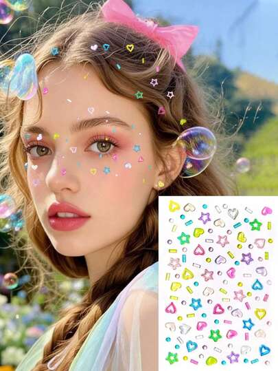 1张多色多巴胺镂空脸部贴纸，包含心形、星星、波点图案，适合派对、音乐节和服装搭配。