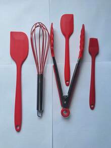 5件套红色硅胶厨房用具套装 | 不粘烹饪烘焙工具 | 包括锅铲、夹子、打蛋器、刷子 | 耐热 - 紅色 - 查看 13