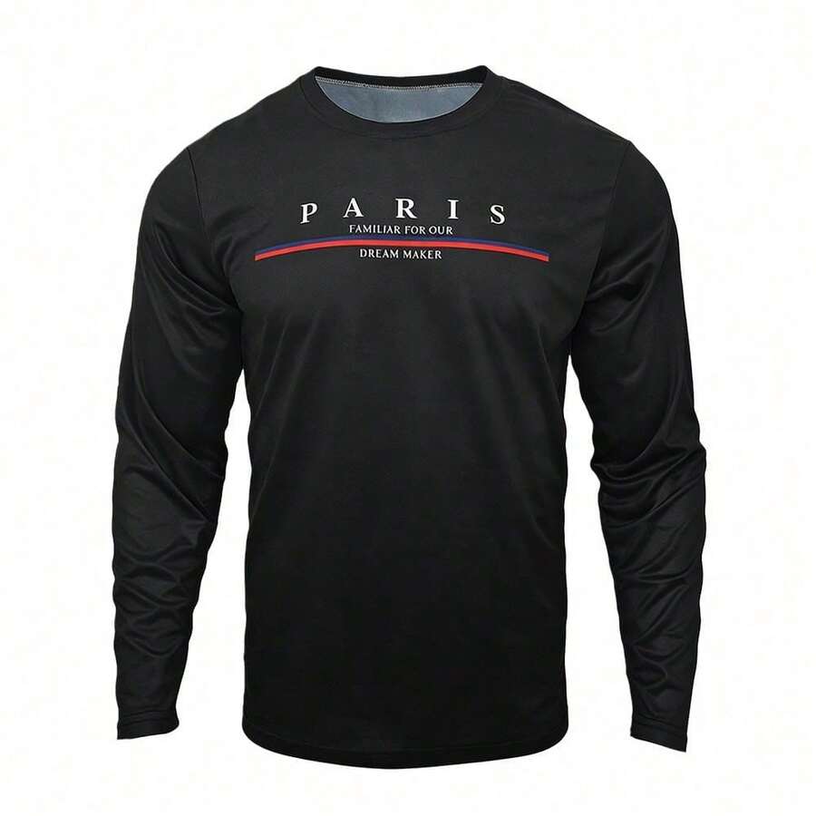 DONUTFOX Hanorac pentru bărbați, cu mânecă lungă, stil Paris, la modă, cu imprimeu de litere, pulover, tricou sport cu mânecă lungă, casual, potrivit pentru sport de primăvară/vară, ținute casual și ținute zilnice