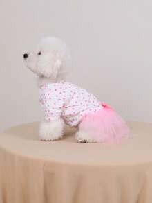 Hunde-Kleid mit Herz-Muster, Kurzarm, mit Schleife und Tüllrock, Alltagskleidung für Welpen, Haar-abweisend - Pink - Übersicht 6