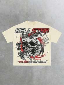 Hellstars Skull Angel Gothic Graphic Y2K Graphic T-Shirt,220g 100% Cotton,Round Neck Short Sleeve,Black Streetwear Essential For Summer Going Out,Unisex Style - 杏色 - 查看 1