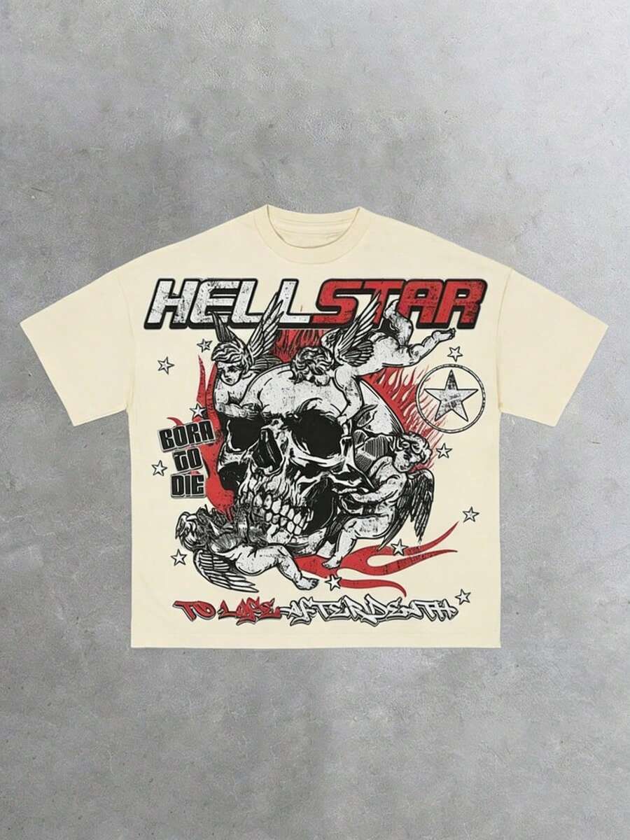 Hellstars Skull Angel Gothic Graphic Y2K Graphic T-Shirt,220g 100% Cotton,Round Neck Short Sleeve,Black Streetwear Essential For Summer Going Out,Unisex Style - 杏色 - 查看 1
