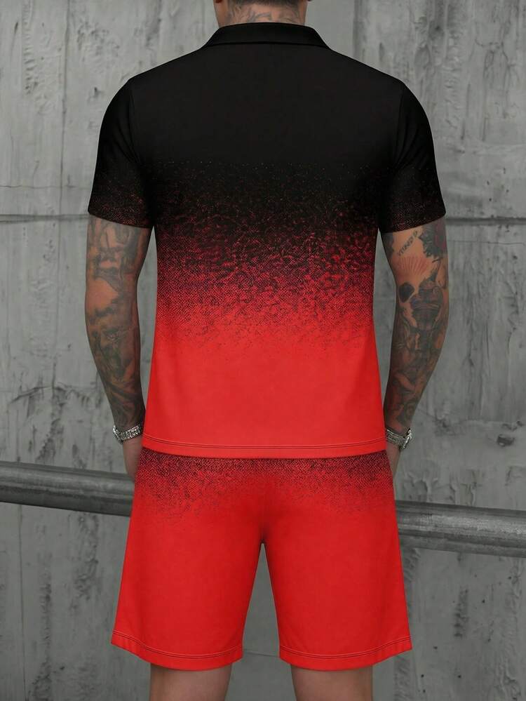 Men's Ombre Short Sleeve Polo Shirt And Solid Color Drawstring Waist Shorts Set - Multicolor - View 2