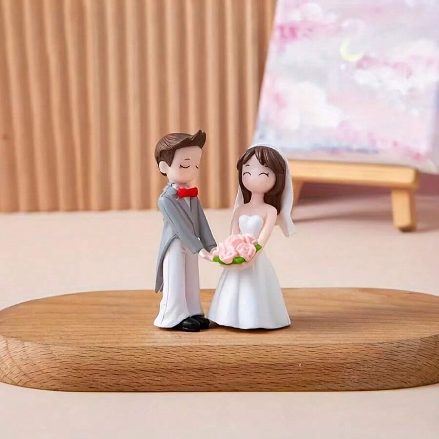 一对浪漫新郎新娘微景观DIY装饰摆件，结婚周年纪念派对桌饰，卡通主题塑料纪念品，完美适用于婚礼、周年纪念和情人节礼物，做工精致，婚礼装饰 - 白色 - 查看 1