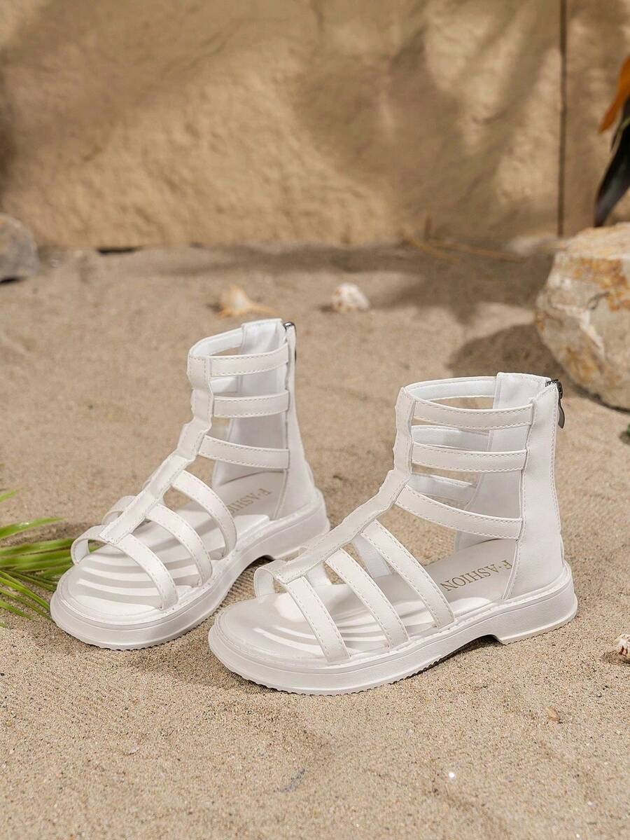 女童黑色高帮凉鞋，夏季新款，后拉链，软底防滑，时尚休闲鞋，适合大童 - 米色 - 查看 1