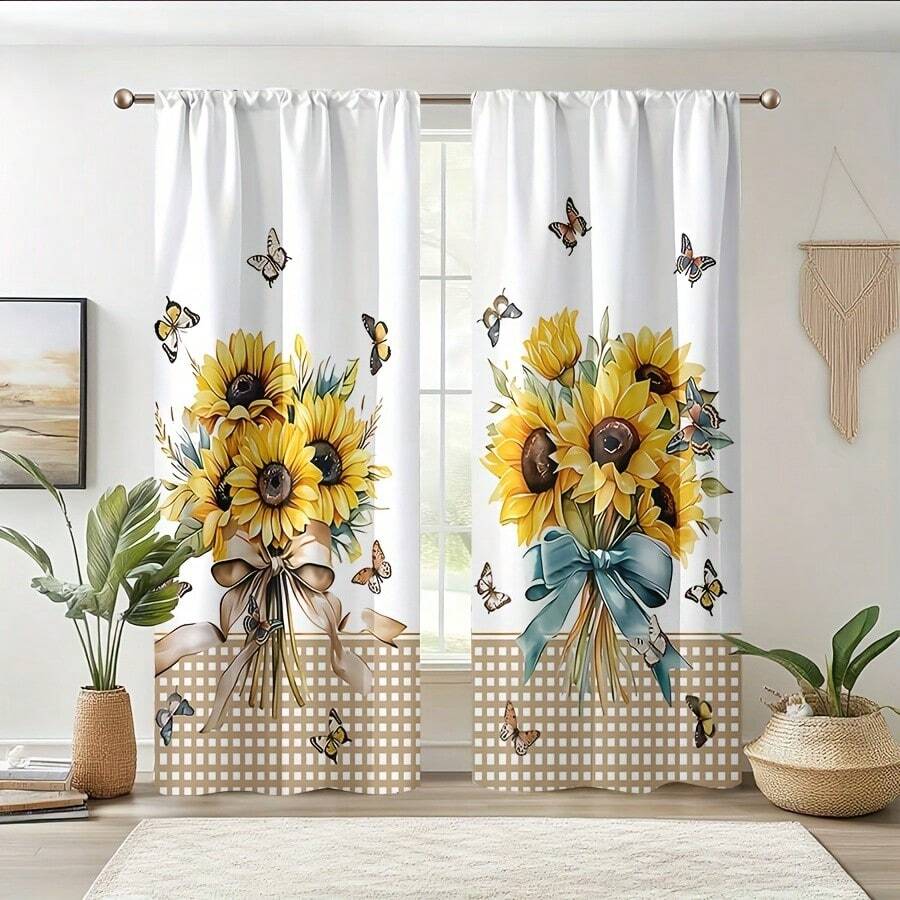 Bộ 2 rèm cửa họa tiết hoa hướng dương và bướm phối cùng họa tiết kẻ caro nâu, in phẳng 2D, thoáng sáng, thích hợp trang trí phòng khách, nhà bếp và phòng ăn, thiết kế kiểu túi treo thanh rèm, phong cách trang trí đồng quê và mộc mạc. - Nhiều màu - Xem 1