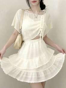 Suéter holgado de punto con mangas de murciélago y cordón ajustable para mujer - Albaricoque - Ver 6