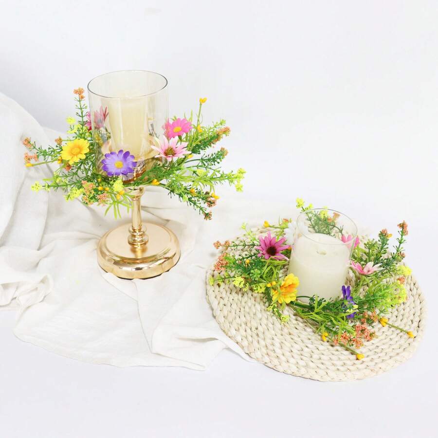 1/2 pièces Couronne de bougie en marguerite artificielle d'été, support de bougie de table de fête de mariage, décoration florale, décoration de porte, décoration de table à manger, décoration de maison, centre de table d'été/de mariage, jardin d'été et pelouse extérieure, décoration d'anniversaire, rentrée scolaire, cérémonie de remise des diplômes, convient pour le salon, la chambre à coucher, la salle à manger et plus encore - A - Voir 1