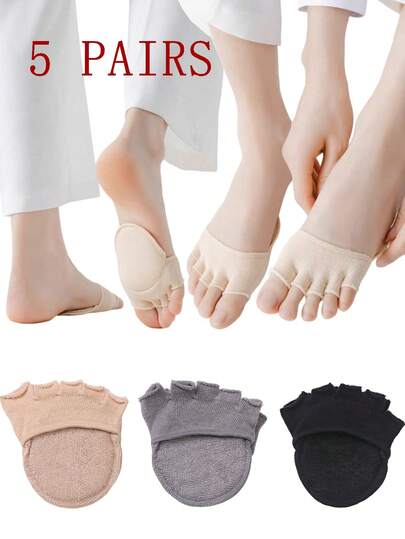5双装女士纯色棉质海绵脚趾垫，吸汗防滑防摩擦五指脚垫，减震防滑防痛超柔软半码脚垫，适用于高跟鞋和皮鞋