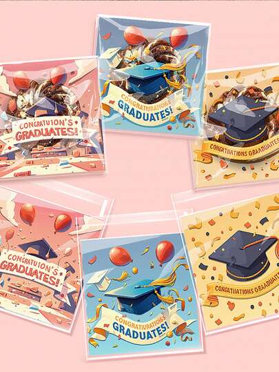 100个毕业帽礼品袋 - 自粘式庆祝袋，印有“祝贺毕业生！”字样，适合用作派对礼品和纪念品，尺寸为3.94x5.12英寸，多种颜色可选，适用于毕业典礼、婚礼、生日派对装饰。
