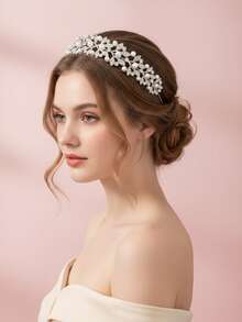 1 chiếc băng đô cài tóc thiết kế lá đính ngọc trai giả và đá pha lê sang trọng - Băng đô cài tóc hình vương miện hoa màu bạc cho đám cưới, tiệc tùng và dạ hội. - Bạc - Xem 2