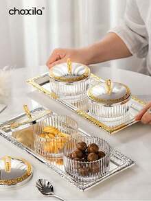 choxila 1pc Striped Glass Bowl With Gold Lid, Suitable For Nuts, Yogurt, Ice Cream, Jewelry Storage, Decor, Dining, Home, Restaurant, Ramadan - Bowl - View 3