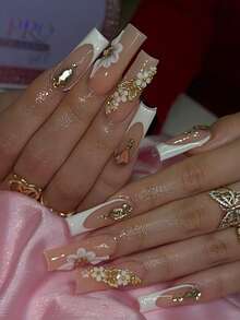 Bộ 24 móng giả hình chữ nhật kiểu Pháp, họa tiết hoa, trang trí nơ/hạt vàng/kim cương kiểu Y2K, thích hợp cho tiệm làm móng, sử dụng hàng ngày cho nữ, các dịp lễ hội và làm quà tặng. - Nhiều màu - Xem 1