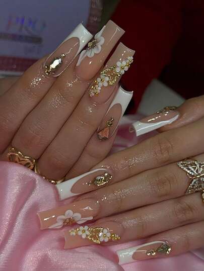 French Flower Acrylic Nails 24Pcs Long Square Press On Nails, Y2K Style Bow/Gold Bead/Diamond Accessories Decorative Fake Nails Set 3D, For Nail Salons Girls And Women Nail Supplies Daily Wear, Holiday Parties And Gifts