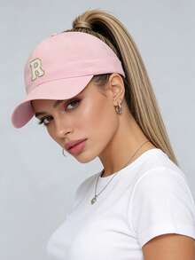 1pc Solid Color Open Back Ponytail Baseball Cap With 26 Letters, Women Fashion Sports Sun Hat For Outdoor UV Protection - Pink - View 2