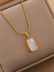 1pc Black & White Shell Double-Sided Pendant, Titanium Steel Minimalist Jewelry, Snake Bone Chain Necklace, Gold Plated Unisex - Gold - View 3