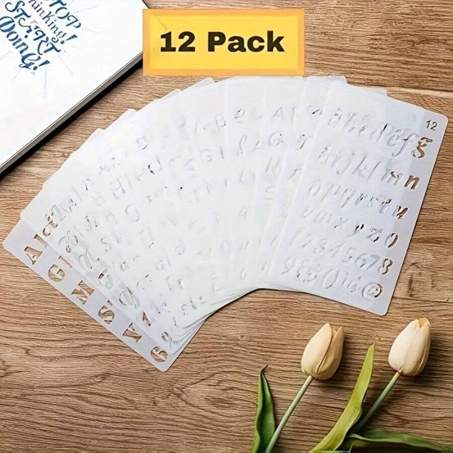 12个装字母模板,适用于绘制4x7英寸字母,日记模板,可重复使用塑料字母和数字模板,字体模板,适用于日记、笔记本、账簿、剪贴簿装饰用品 - 套裝 - 查看 1